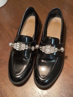 Coliac Black Patent Loafers with Silver Crystal Chain Accent
